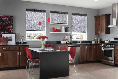 Kitchen with roller shades.