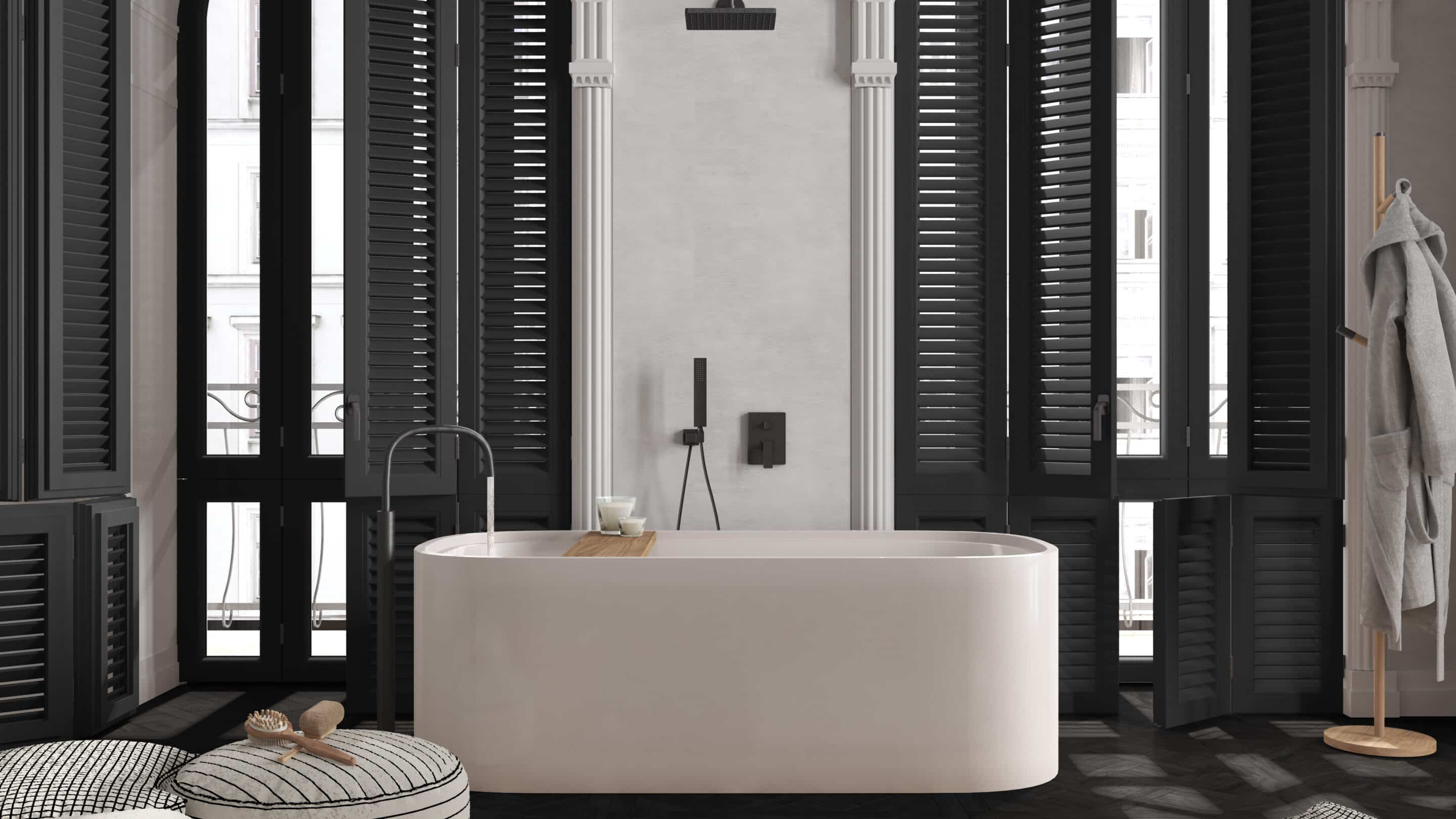 Modern Bathroom with Full Height Wooden Kind of Shutters
