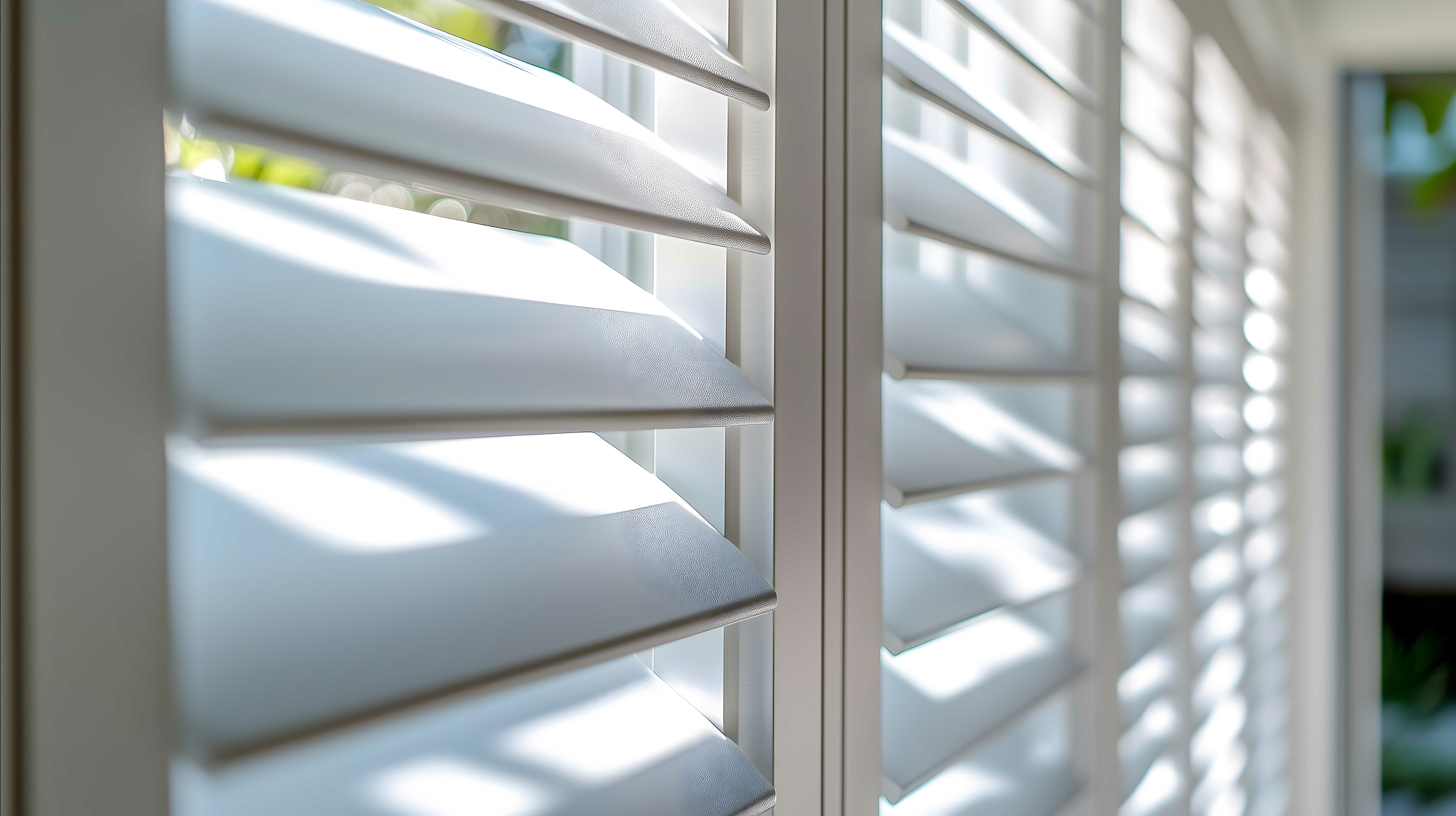 close up of beautiful new white wooden bifold shutters