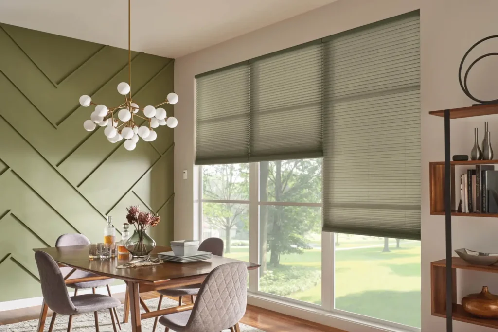 Graber Green Cellular Shades in Dining Room Windows