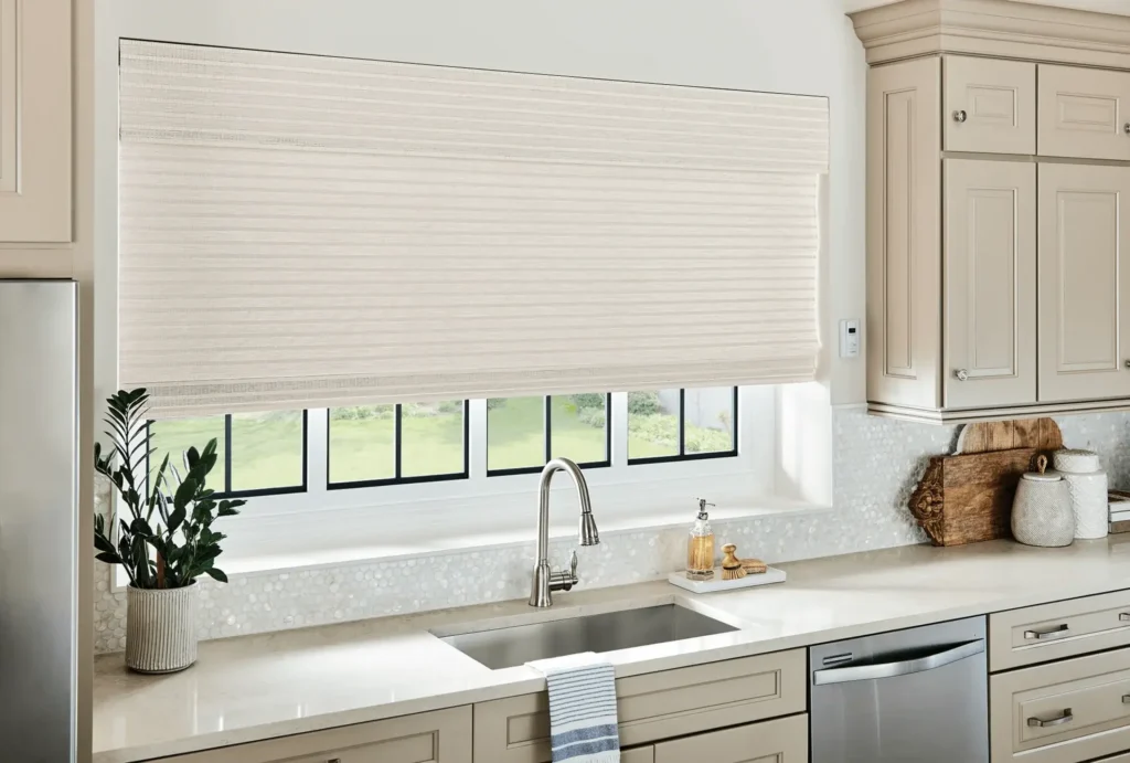White Woven Roman Shades in Kitchen Window