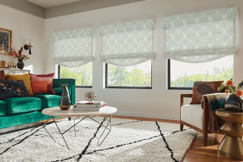 Relaxed Roman Shades in Living Room Windows