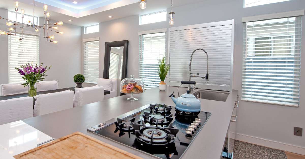 Norman Smart Privacy Faux Wood Blinds in Kitchen Windows