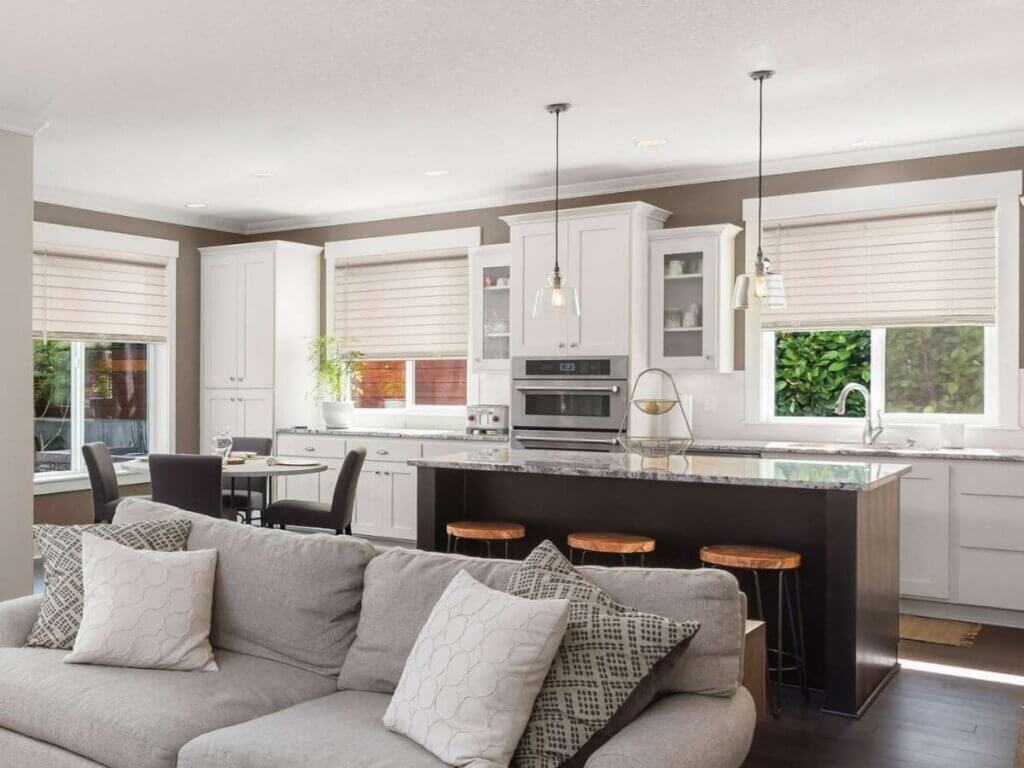 Norman Smart Privacy Faux Wood Blinds in Kitchen