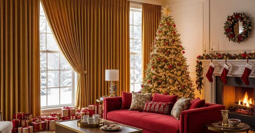 velvet gold drapes in living room