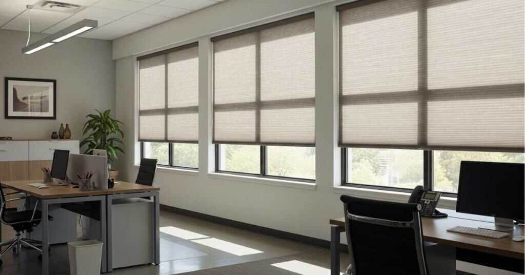 Gray Cellular Shades in An Office