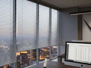 Motorized Blinds in An Office At Night