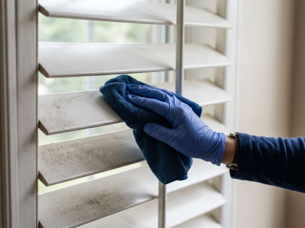 This is a photo of cleaning wood shutters with fiber cloth
