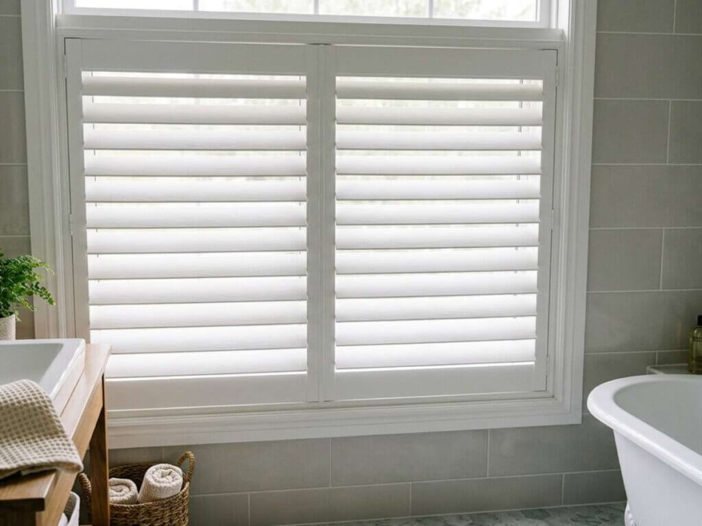 This is a picture of a faux wood shutters in a bathroom