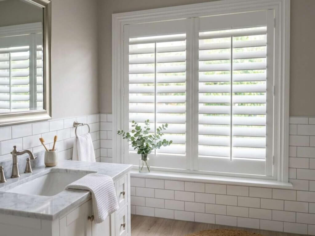 This is a picture of a white faux wood shutter in a bathroom