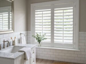 This is a picture of a white faux wood shutter in a bathroom