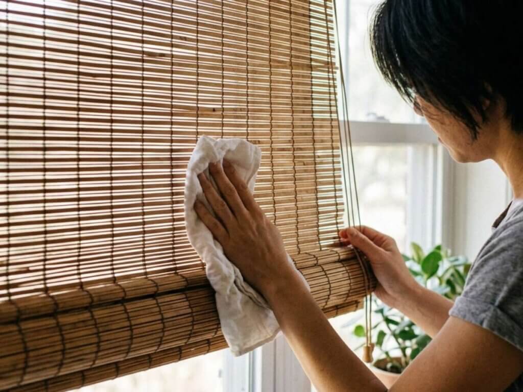 This is a photo of someone ceaning a woven wood shades using a barely damp cloth