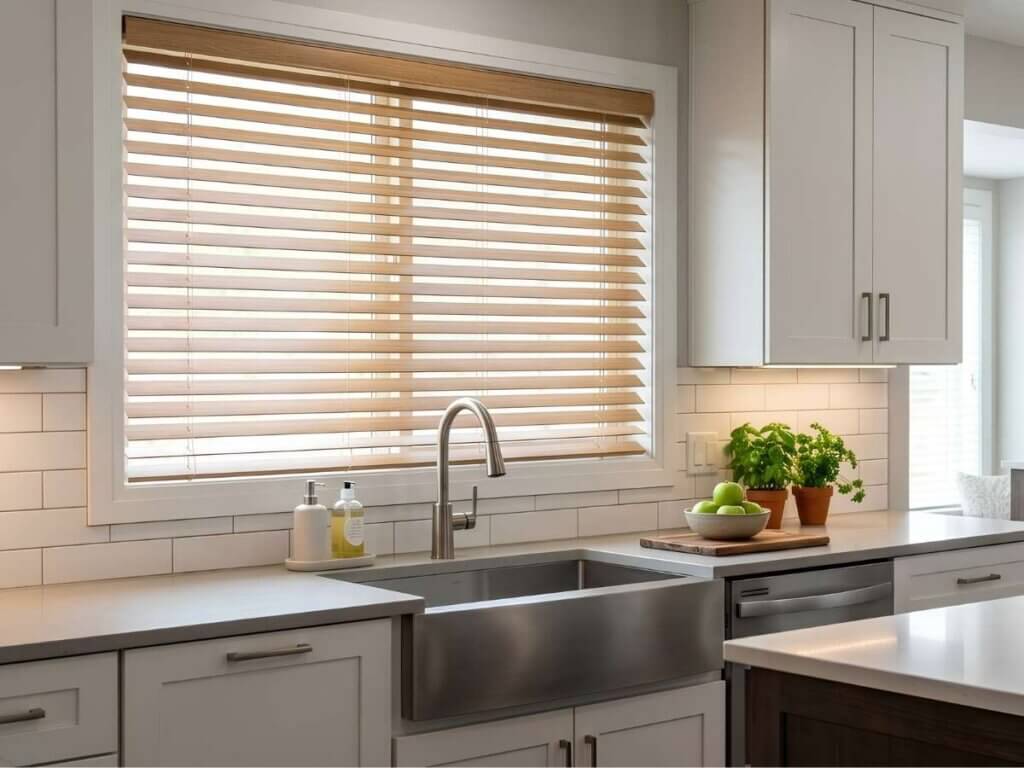 This is a photo of a cordless faux wood blinds in a kitchen