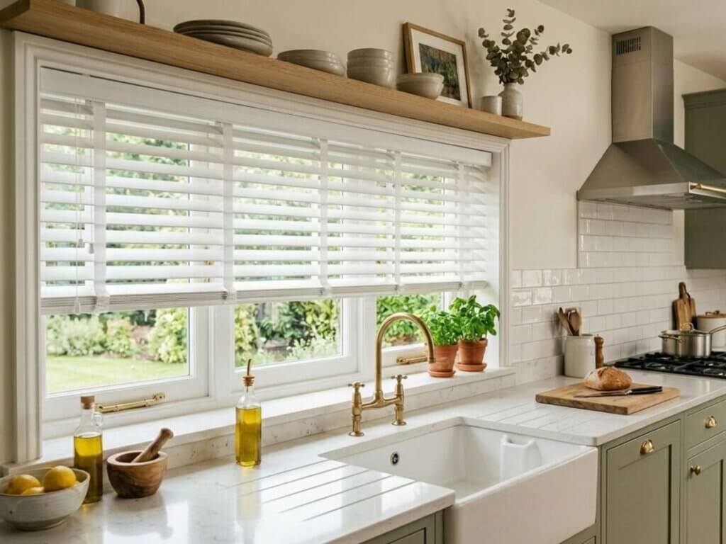This is a photo of a white faux wood blinds in a kitchen